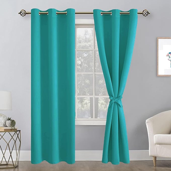 Hiasan Blackout Curtains for Bedroom, 38 x 84 Inches Long - Thermal Insulated & Energy Saving Window Curtains for Living Room, 2 Drape Panels Sewn with Tiebacks, Peacock Teal