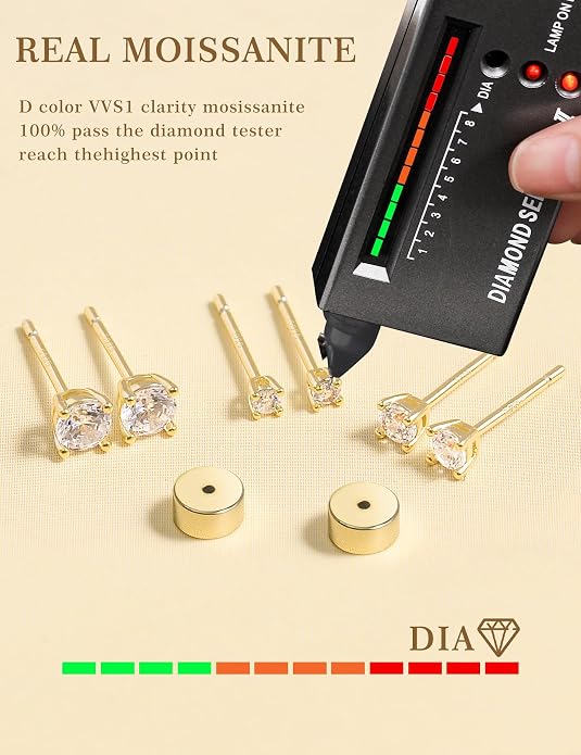 3 Pairs Moissanite Flatback Stud Earrings for Women, 925 Sterling Silver Hypoallergenic Flat Back Cartilage Earrings Set, 18K White Gold Plated