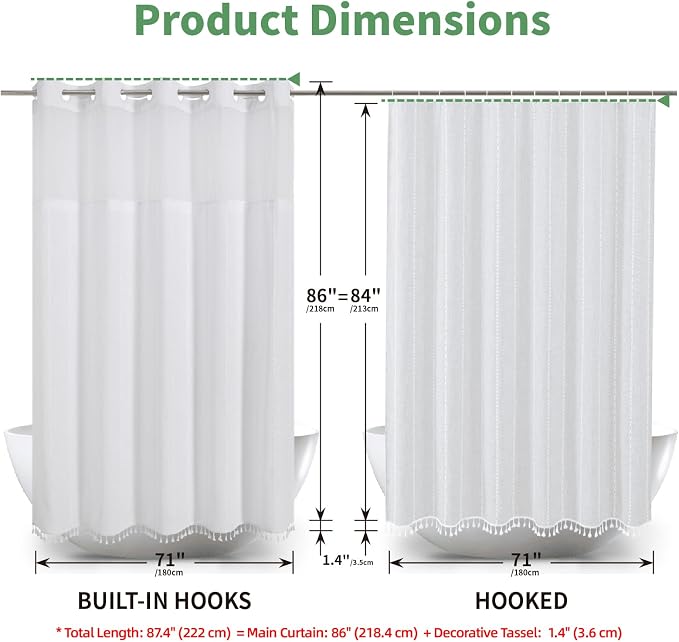 eachope No Hook Extra Long Shower Curtain Set with Snap-in Liner,Linen Textured Thick Striped Fabric with Tassels,Boho Chic Modern Farmhouse Bathroom Curtain,Water-Repellent,White,71x86