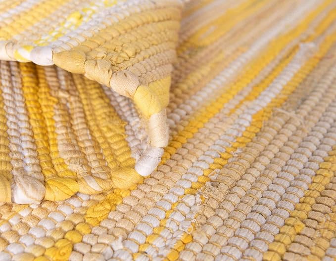 Unique Loom Chindi Cotton Collection Soft Hand Woven Natural Fiber Striped Area Rug, 2 ft 7 in x 9 ft 10 in, Yellow/Ivory