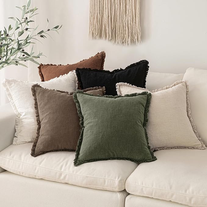 MIULEE Decorative Throw Pillow Covers Neutral Linen Fringe Throw Pillows Euro Shams Set of 2 Cocoa Brown Boho Farmhouse Cushion Covers for Couch Sofa Bed Living Room Fall Home Decor 24x24 Inch