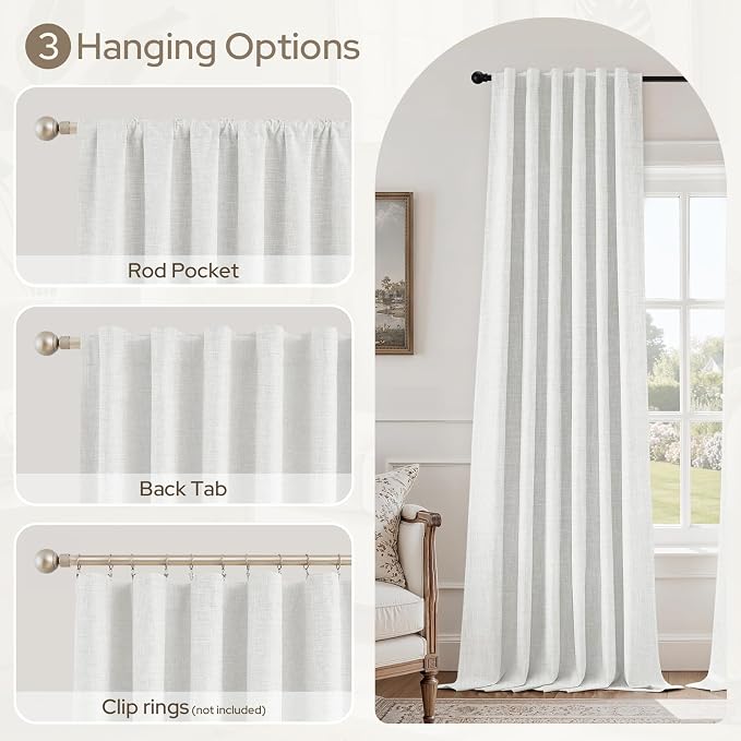 HOMEIDEAS 100% Blackout Faux Linen Curtains,Ivory White Modern Farmhouse Boho Curtains 84 Inches Long 2 Panels, Rod Pocket & Back Tab for Vintage Living Room,Bedroom Decor