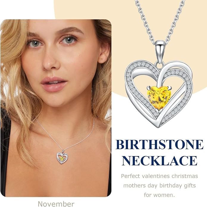 Anniversary Charm Necklace, Sterling Silver 14K Gold Plated Chain with Interlocking Heart Pendant Elegant Birthstone Necklaces for Women, Length 18"