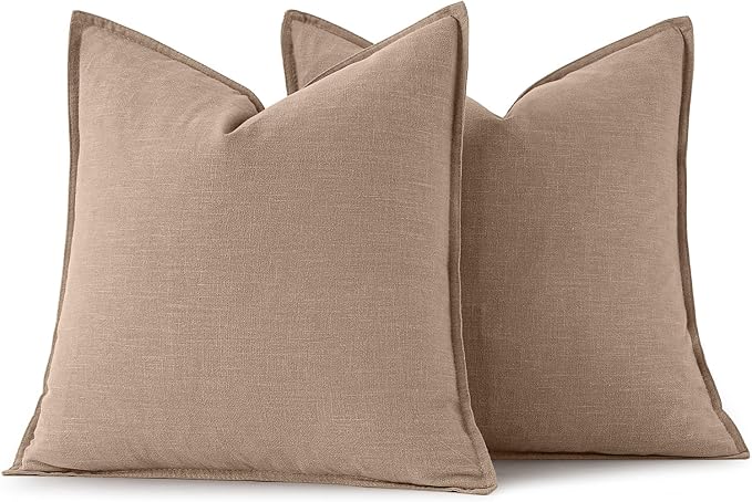 MIULEE Decorative Linen Pillow Covers 18x18 Inch Camel | Boho Farmhouse Neutral Couch Throw Pillows for Bed, Pack of 2 Accent Modern Pillowcases, Sofa Livingroom Home Decor