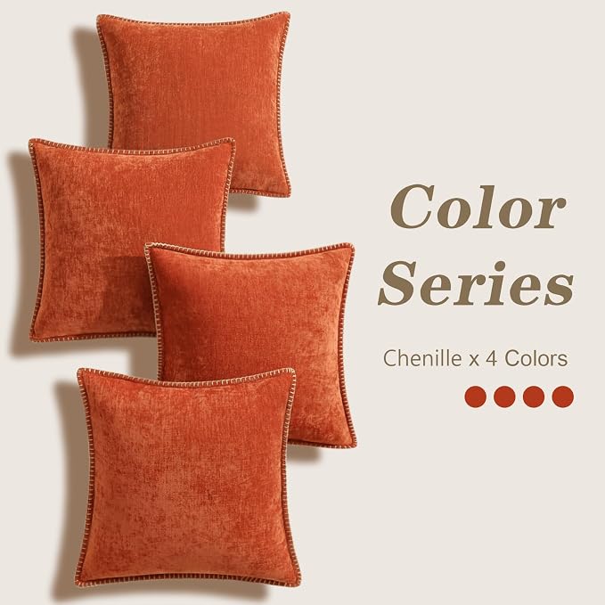 decorUhome Fall Soft Decorative Chenille Throw Pillow Covers 18x18 Set of 4 | Burnt Orange Decorative Modern Farmhouse Neutral Pillow Cases with Stitched Edge for Couch Sofa Bed Living Room Home Decor