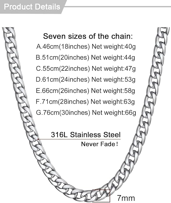 U7 Cuban Link Chain for Men Women Stainless Steel Curb Necklace, 7/9/12/15 MM Chunky Chain Silver/Gold/Black Mens Hip Hop Jewelry 18''-30''