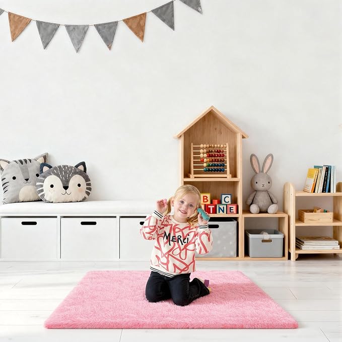 Pink Rug for Bedroom, 2x3 Fluffy Area Rugs for Living Room, Small Fuzzy Shag Soft Carpet with 4 Non-Slip Adhesive Strips for Kids Boys and Girls Nursery Dorm Room Home Decor (2ft X 3ft)