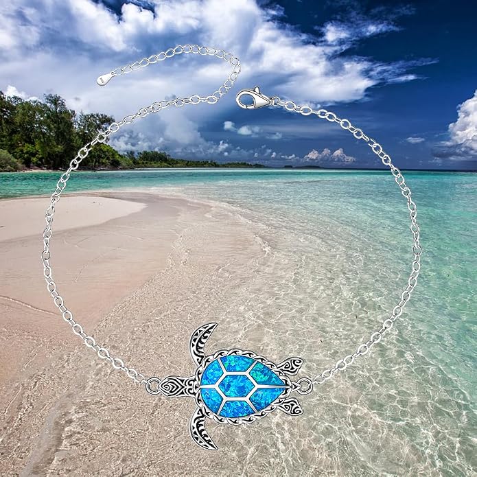 Fenthring Turtle Anklets for Women Turtle Ankle Bracelet Blue Opal Sea Sterling Silver Infinity Wave Ocean Beach Summer Jewelry Mothers Day