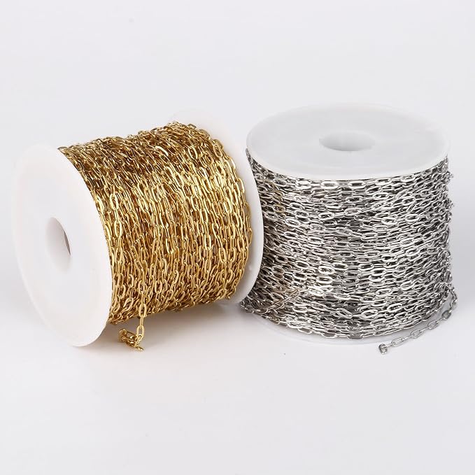 33FT Gold Paperclip Chain Jewelry 2MM 18K Gold PVD Plated Stainless Steel Paperclip Link Chain Roll Bulk for Jewelry Making