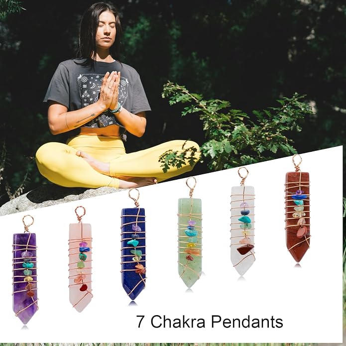 6 Pieces Natural Raw Crystal Point Pendant Reiki 7 Chakra Healing Quartz Gemstone Chips Rose Gold Copper Wires Wrapped Charms for Jewelry Making Necklace
