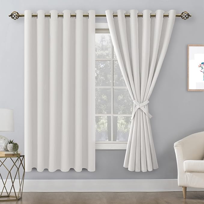 Hiasan Room Darkening Curtains for Bedroom, 70 x 63 Inches - Thermal Insulated & Light Blocking Window Drapes for Living Room/Dorm Room, Set of 2 Panels Sewn with Tiebacks, Ivory