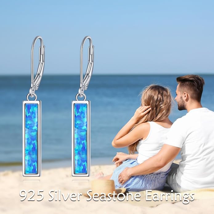 CRMAD Abalone Shell Bar Earrings for Women Sterling Silver Leverback Earrings Abalone Jewelry Gift