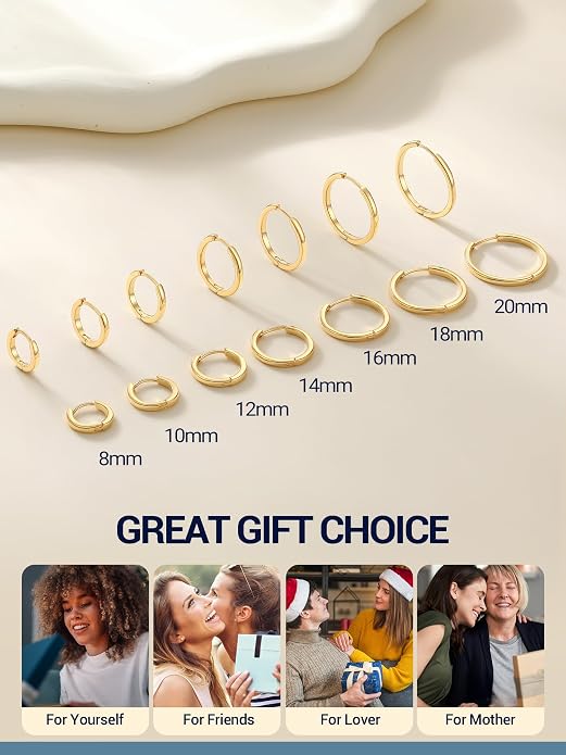 PROSTEEL Hoop Earrings for Women, Huggie Hoop with 925 Sterling Silver Post, 8/10/12/14/16/18/20mm Small Huggie Hoops, 14K Gold Plated/Silver/Black/Rose Gold Hypoallergenic Earrings Jewelry