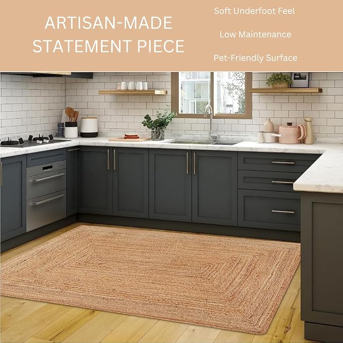 Handcrafted Jute Braided Rug 4x6 Feet - 100% Natural Jute Area Rug - Rustic Farmhouse Boho Accent Rug for Living Room Bedroom Kitchen Hallway Entryway Reversible Handwoven Floor Rug