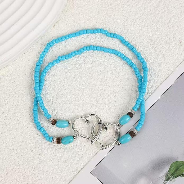 Elastic Beaded Ankle Bracelets for Women Double Heart Layered Stretch Ankle Bracelets Waterproof Dainty Boho Beaded Anklets for Summer Beach Foot Jewelry