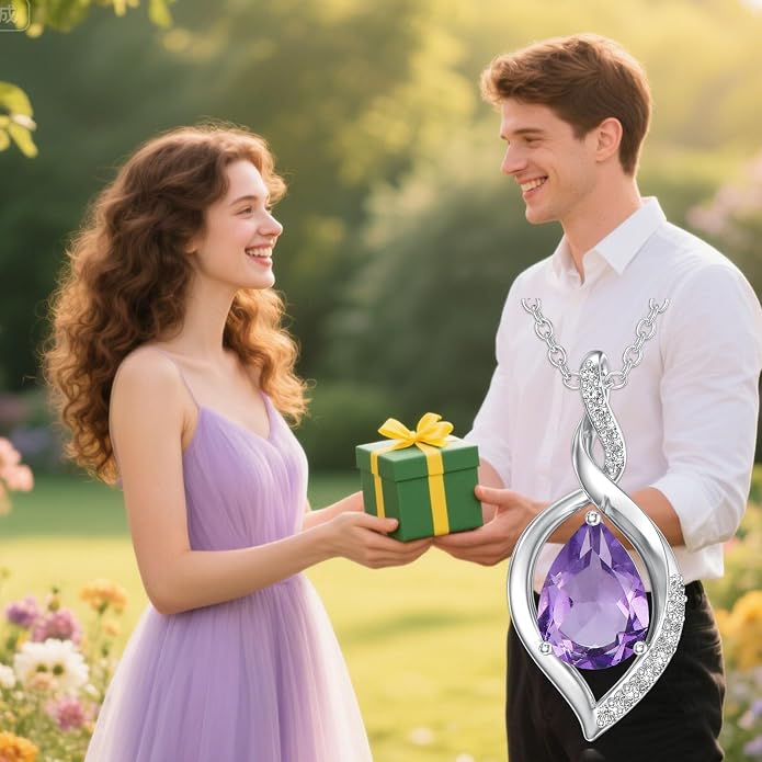 Natural Amethyst Necklace for Women 925 Sterling Silver Purple February Teardrop Birthstone Pendant Jewelry Birthday Gifts for Mom Women