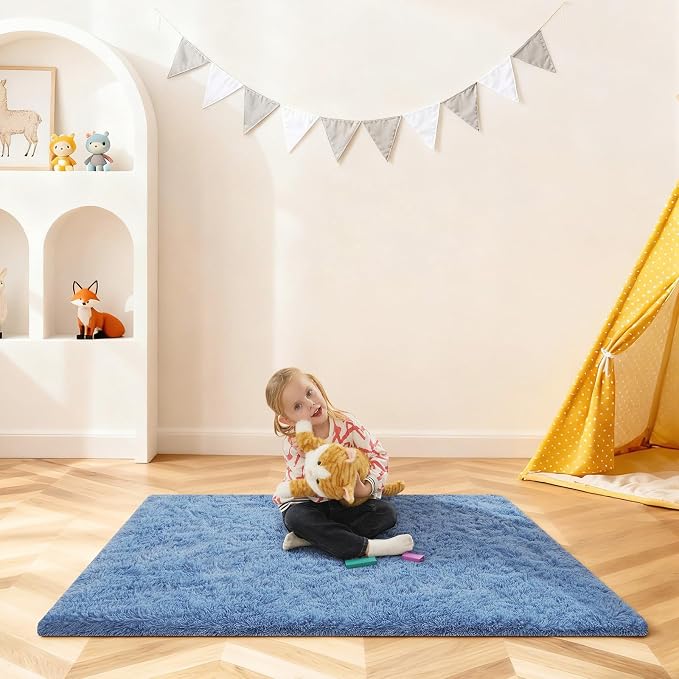3x5 Rugs for Bedroom, Blue Fluffy Area Rugs for Living Room, Small Fuzzy Shag Soft Non-Slip Carpet for Kids Girls and Boys Nursery Dorm Indoor Room Home Decor (3ft X 5ft, Blue)