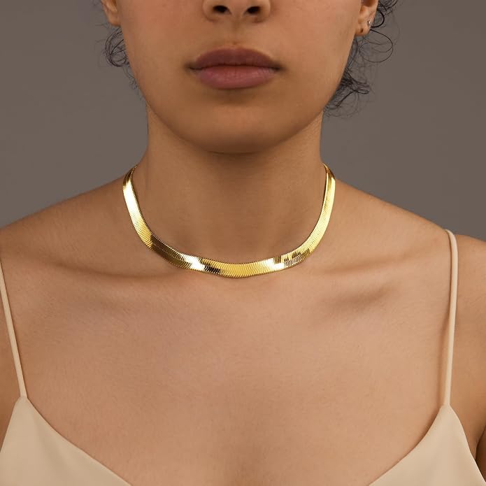 WomenGifts 14K Gold Silver Plated Herringbone Necklace for Women, Dainty Snake Chain Choker, Trendy Simple Long Layered Jewelry Non Tarnish, 3/4/5/8mm,14,16,18,20,22,24,26 Inch Thin & Chunky Options
