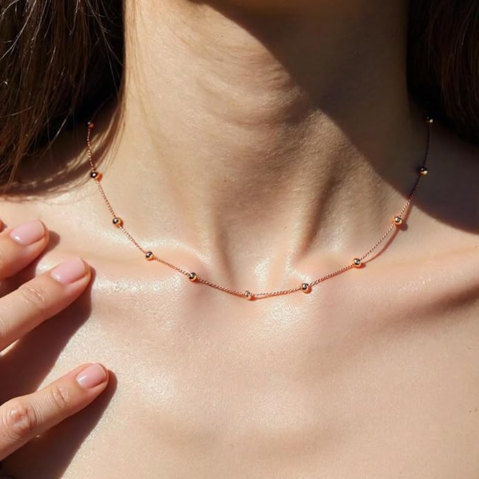 EPIRORA Choker Necklace for Women 925 Sterling Silver Gold Plated Dainty Satellite Bead Chain Pendant Minimalist Jewelry, 16''+2"