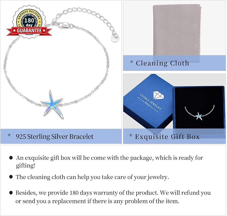Cuoka Starfish Bracelet 925 Sterling Silver with White Fire Opal Chain Bracelets Ocean Jewelry Birthday For Women