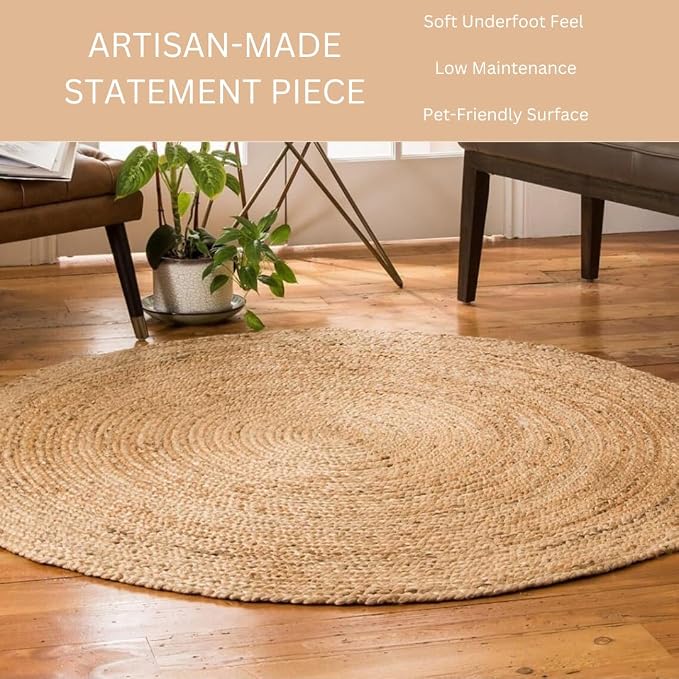 Handcrafted Jute Braided Rug 8 Feet Round - 100% Natural Jute Area Rug - Rustic Farmhouse Boho Accent Rug for Living Room Bedroom Kitchen Entryway Reversible Handwoven Floor Rug