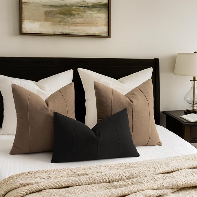ZWJD Decorative Linen Throw Pillow Covers 26x26 Set of 2 Solid Handcrafted Striped Cushion Covers for Bed Soft Modern Farmhouse Neutral Pillowcase for Couch Bedroom Living Room Home Decor(Black)