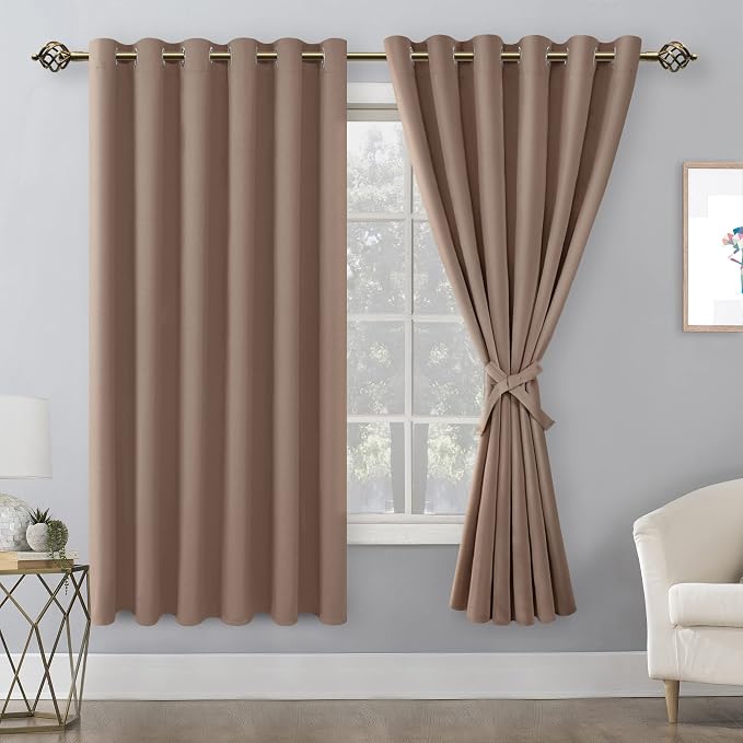 Hiasan Grommet Blackout Curtains for Bedroom, 70 x 63 Inches - Thermal Insulated & Light Blocking Window Drapes for Living Room/Dorm Room, Set of 2 Panels Sewn with Tiebacks, Cappuccino