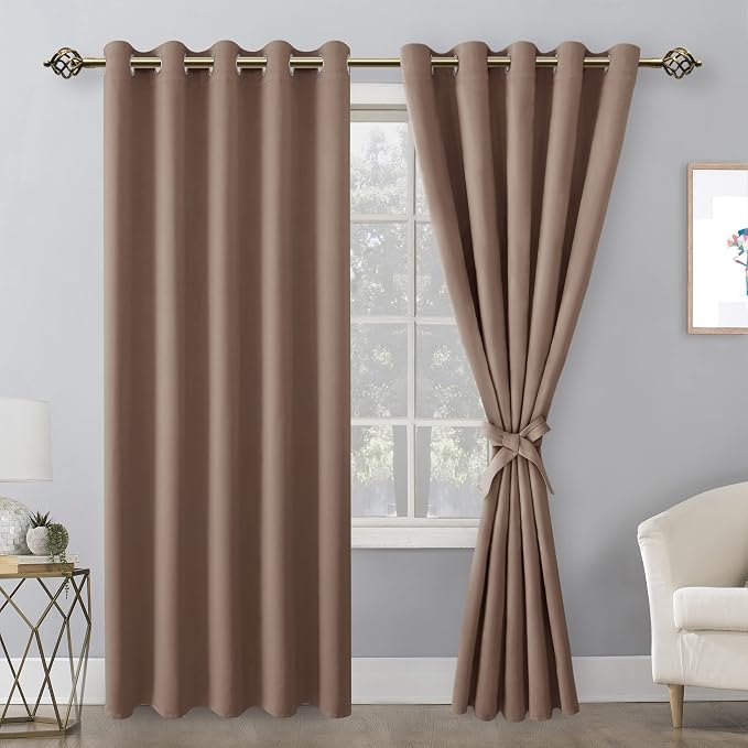 Hiasan Blackout Curtains for Bedroom, 60 x 84 Inches Long - Thermal Insulated & Light Blocking Window Curtains for Living Room, 2 Drape Panels Sewn with Tiebacks, Cappuccino