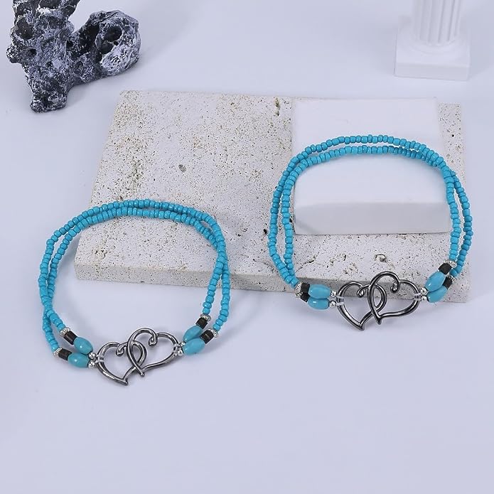 2PC Ankle Bracelets for Women Beaded Heart Ankle Bracelet Waterproof Bohemian Big Plus Size Anklets Summer Beach Accessories Boho Jewelry
