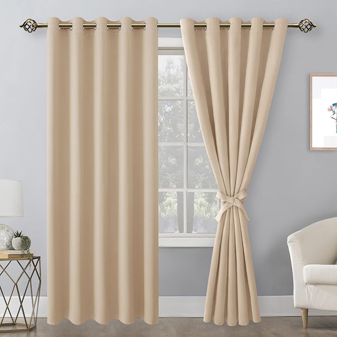 Hiasan Blackout Curtains for Bedroom, 60 x 84 Inches Long - Thermal Insulated & Energy Saving Window Curtains for Living Room, 2 Drape Panels Sewn with Tiebacks, Beige