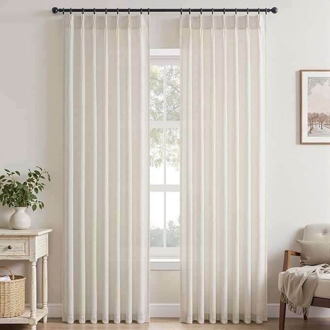 Topfinel 108 Inch Pinch Pleated Curtains 2 Panels,Birch Semi Sheer Curtains with Pleated Hooks Back Tab for Track System,Extra Long 9ft Curtain for Living Room Bedroom,40x108,Natural
