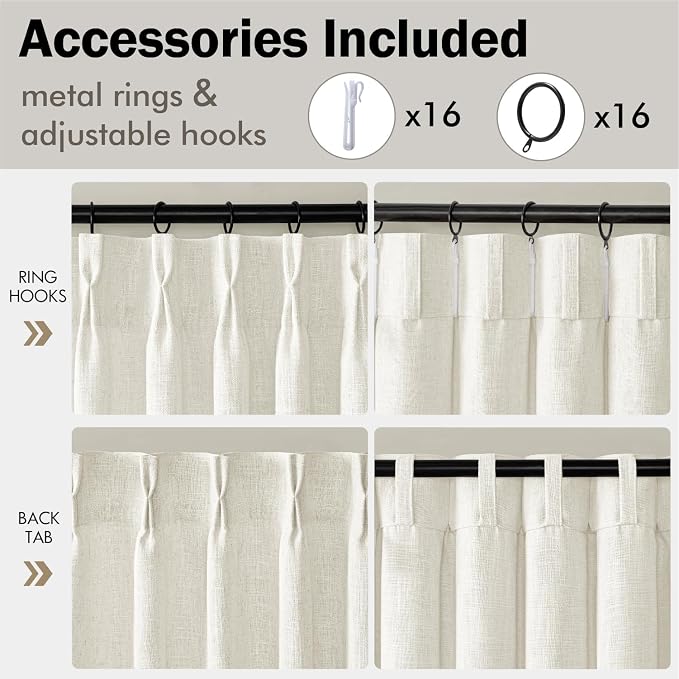 MIULEE Pinch Pleated Thick Linen Curtains 90 Inches Long 2 Panels for Living Room Bedroom, Linen Texture Memory Trained Drapes Pinch Pleat Light Filtering Neutral Ivory Cream Farmhouse Window Curtains