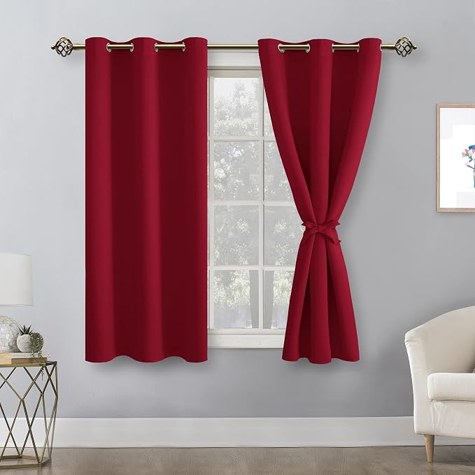 Hiasan Short Blackout Curtains for Bedroom - Thermal Insulated & Light Blocking Window Curtains for Living Room, 2 Drape Panels Sewn with Tiebacks, Christmas Red, 38 x 45 Inch