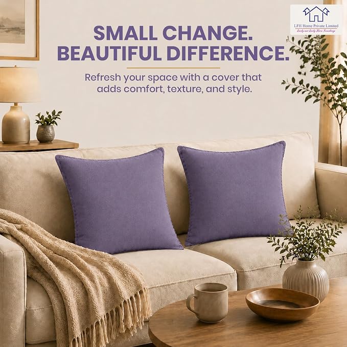 LFH Home Lavender Cotton Rich Throw Pillow Covers 18x18 Set of 2, Decorative Cushion Covers with Blanket Stitch Edge, Farmhouse Accent Pillow Cases for Sofa Couch Bed Living Room, 18 x 18 Inch