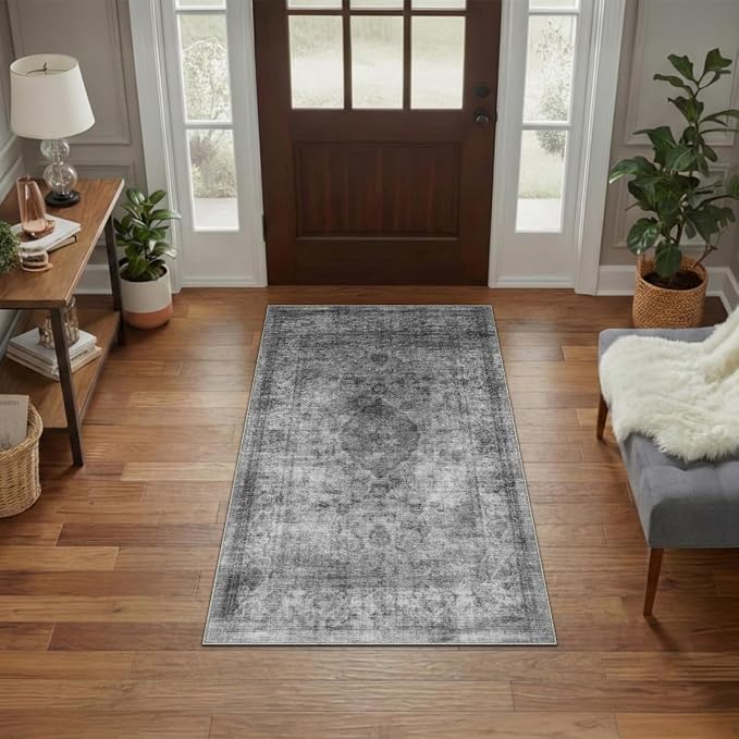 Homemate Washable Rug 3x5 Area Rugs - Vintage Faux Wool Rugs for Living Room Bedroom Dining Room - Non Slip Foldable Carpet Indoor Area Rug for Home Decor(3'x5', Black