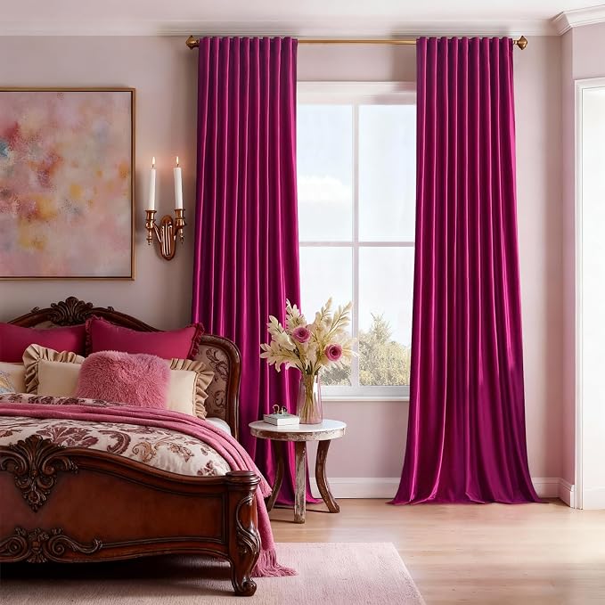 100% Full Blackout Hot Pink Velvet Curtains 63 inch Long for Living Room,Set of 2 Liner Rod Pocket Back Tab Thermal Window Curtains Room Darkening Heavy Decorative Curtains Drapes for Bedroom
