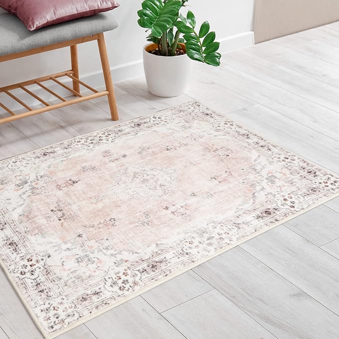 MUJOO Pink Area Rug Small Washable Rugs Non Slip Low-Pile 2'x3' Flowers | Machine Washable Throw Carpet for Entryway Kitchen Bathroom Bedroom Boho Soft Indoor Vintage Floral Light Blush