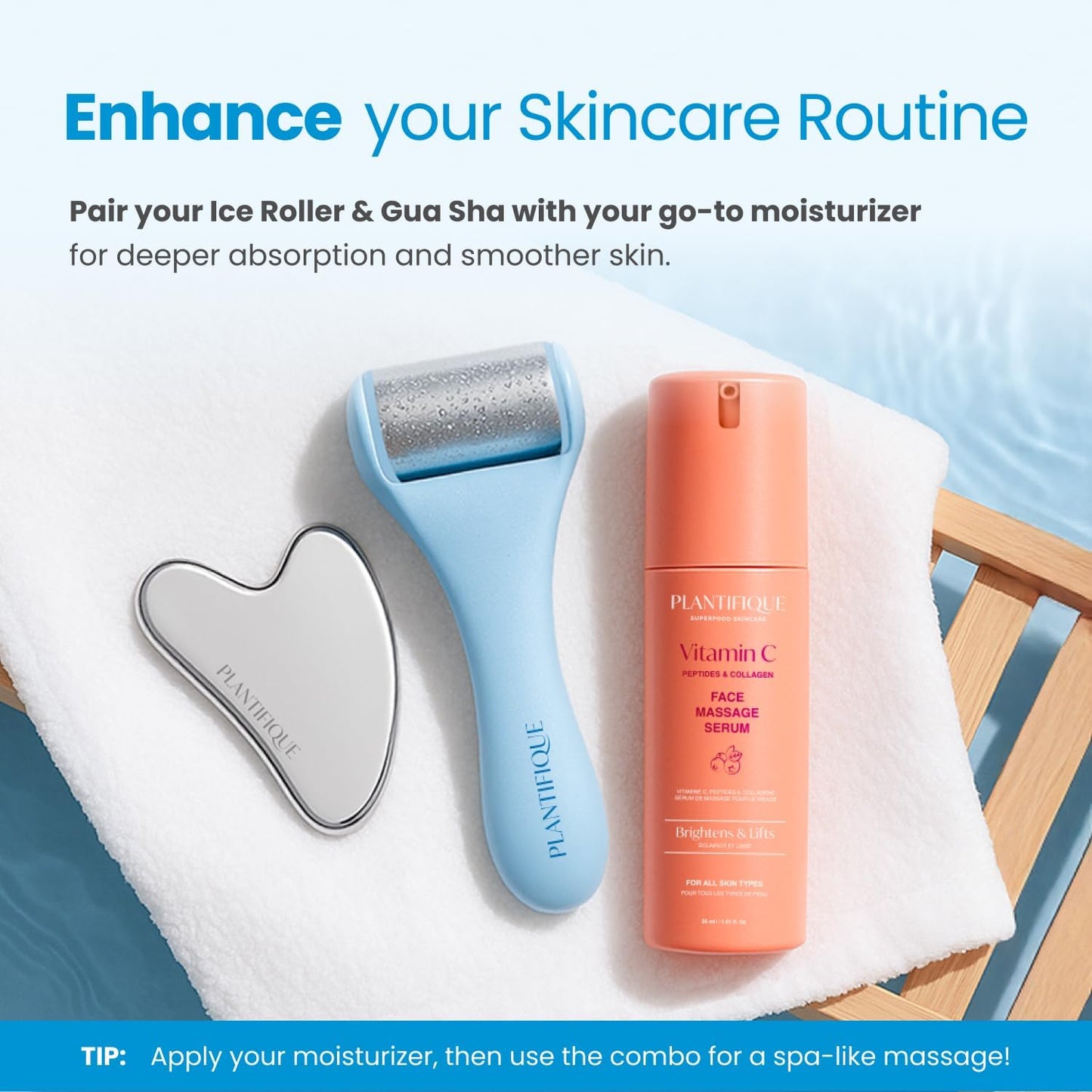 PLANTIFIQUE Facial Ice Roller and Stainless Steel Gua Sha Set - Cryotherapy Skin Care Massage Tools - Metal Massager Set for Puffy Face, Under Eyes and Body