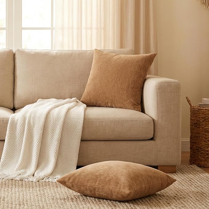 Set of 4 Brown Throw Pillow Covers 20x20 Inch, Neutral Boho Farmhouse Aesthetic Decorative Pillow Cases for Couch, Sofa, Living Room & Bed, Soft Chenille Pillow Cases, Stylish Home Decor, 50x50 cm