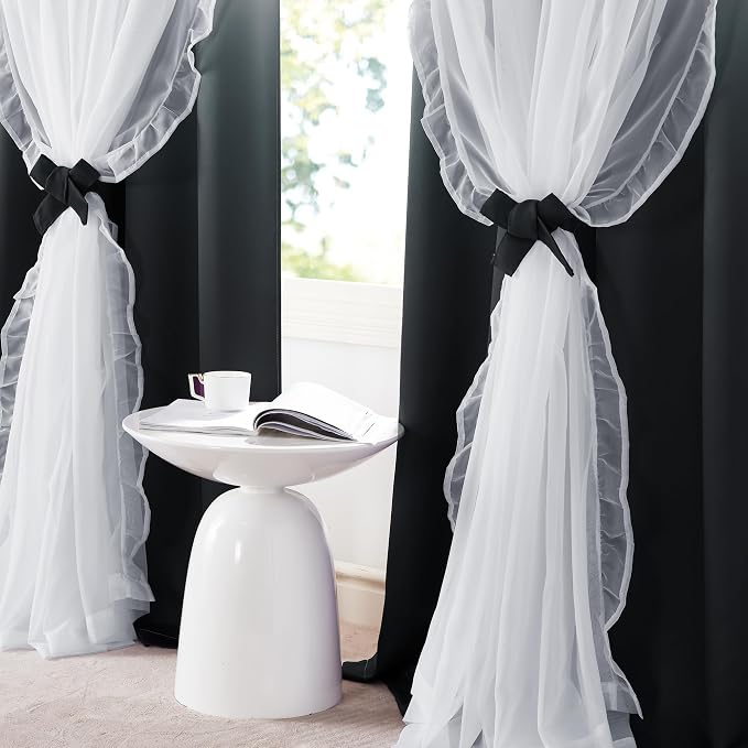 PONY DANCE Ruffle Curtains Double Layers Gradient Decoration with Sheer Overlay, French Country Rustic Design Window Covering with Tiebacks, 52" Wide x 84" Long, Ombre-Black, 2 Panels