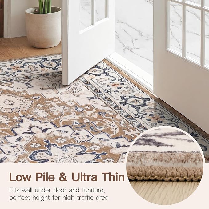 Lofus 2'6"x10' Runner Rug for Hallways, Washable Kitchen Rugs, Non-Slip Rugs for Entryway and Bedroom, Vintage Boho Carpet, Soft Low Pile Long Runner Area Rug, Floral Brown