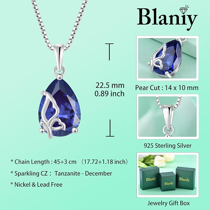 Teardrop Necklace 925 Sterling Silver Butterfly Pendant Necklace Birthstone Jewelry for Women