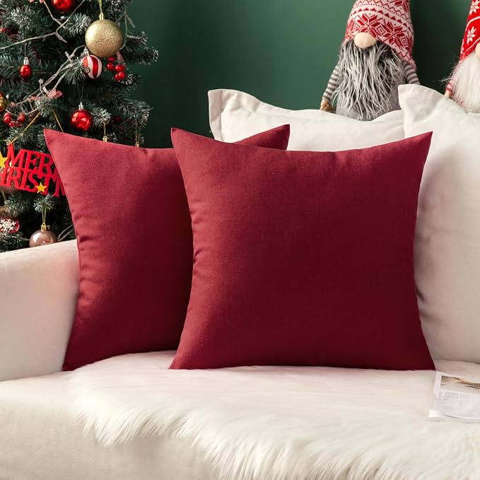 MIULEE Pack of 2 Decorative Outdoor Solid Waterproof Throw Pillow Covers Faux Linen Garden Farmhouse Cushion Cases for Patio Tent Balcony Couch Sofa 16x16 Inch Wine Red