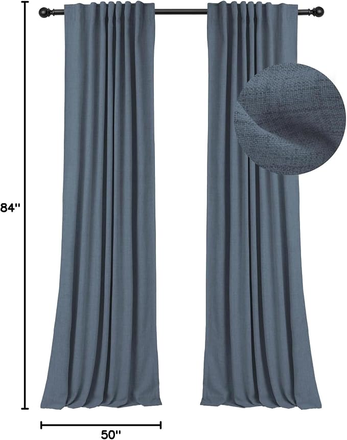 INOVADAY 100% Blackout Curtains 84 Inches Length 2 Panels Set, Back Tab/Rod Pocket Linen Black Out Curtains for Bedroom, Thermal Insulated Window Drapes - Slate Blue, W50 X L84