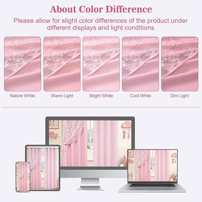 Yinhua Pink Blackout Curtains Double Layer Curtains for Bedroom 63 Inch Length Nursery Curtain for Living Room, Grommet Drapes with Tiebacks, 2 Panels, 52" W x 63" L