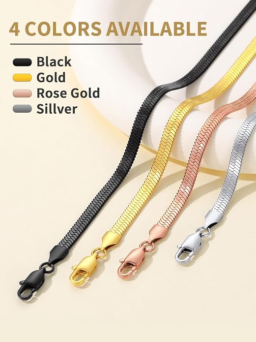 FindChic Black/14K Gold Plated Herringbone Choker Chain Necklace for Women | Waterproof Stainless Steel, Dainty Layering, Flat Snake Chain, Non-Tarnish, Hypoallergenic, Adjustable Extender, Gift Box