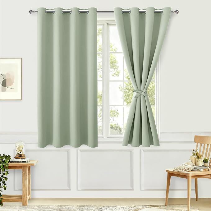 Hiasan Blackout Curtains for Bedroom, 52 x 54 Inches Long - Thermal Insulated & Light Blocking Window Curtains for Living Room/Kids Room, 2 Drape Panels Sewn with Tiebacks, Seafoam Green