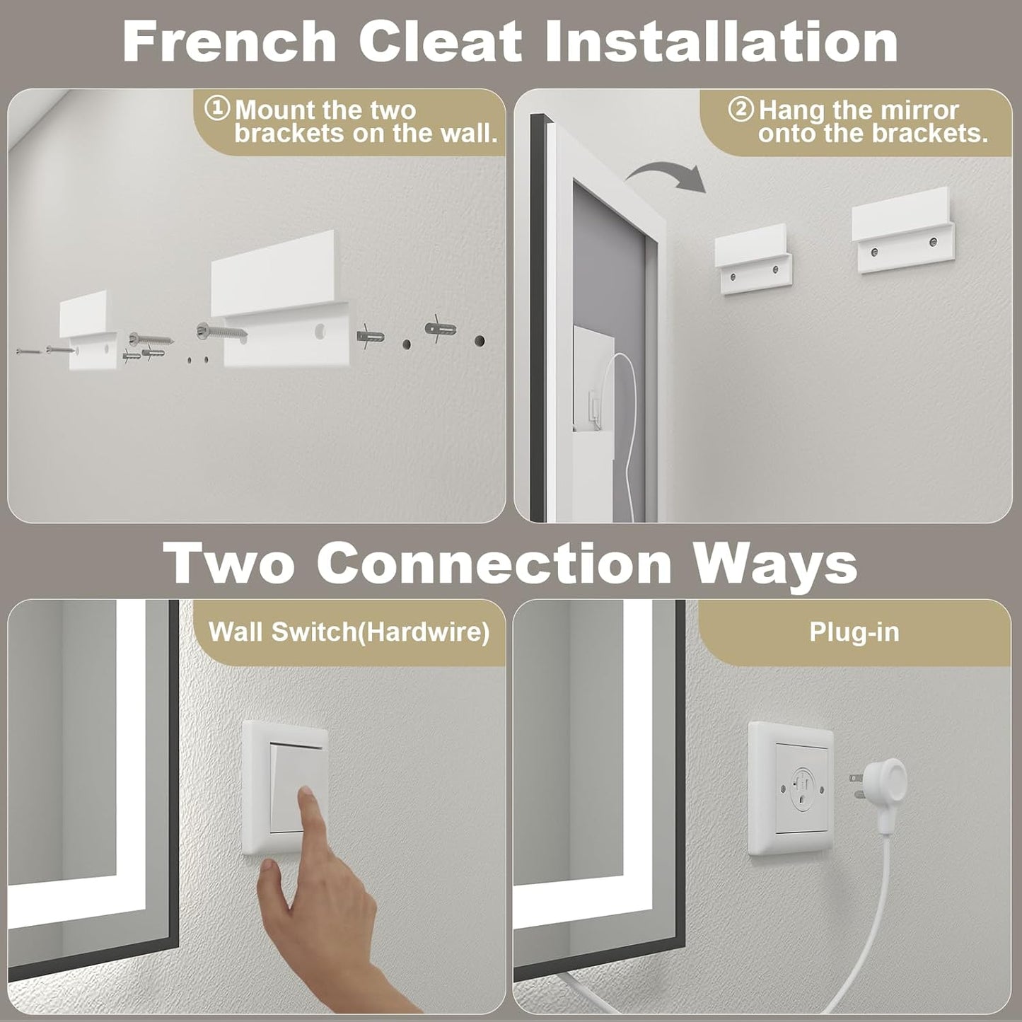 OKPAL 68x36 Black LED Bathroom Mirror with Lights, Frontlit & Backlit LED Mirror for Bathroom, Lighted Bathroom Vanity Mirror, Anti-Fog, Dimmable 3 Colors, Shatterproof, Horizontal/Vertical