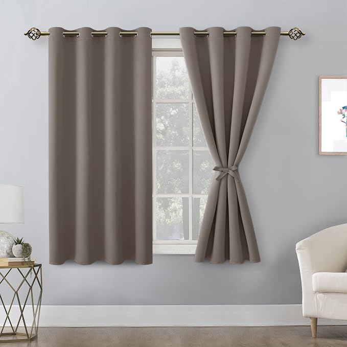 Hiasan Blackout Curtains for Bedroom, 52 x 54 Inches Long - Thermal Insulated & Light Blocking Window Curtains for Living Room/Kids Room, 2 Drape Panels Sewn with Tiebacks, Tan