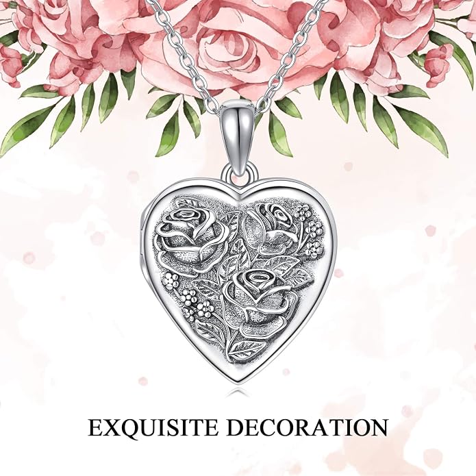 MEDWISE 925 Sterling Silver Locket Necklace That Holds Pictures Photo Necklace Oxidized Rose Flower/Sunflower/Compass/Celtic Heart Pendnat Lockets Gifts for Women Birthday Christmas Gifts